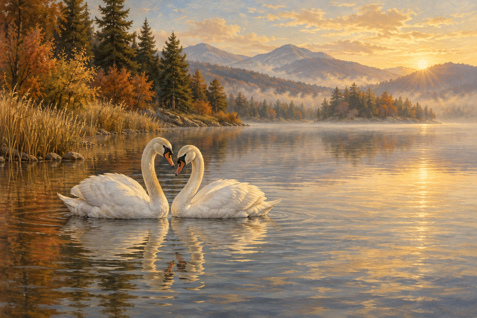 Two swans on an autumn lake