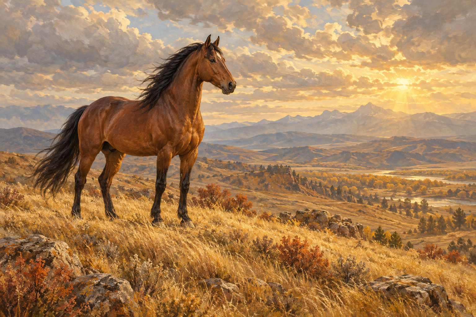 A wild stallion on an autumn ridge