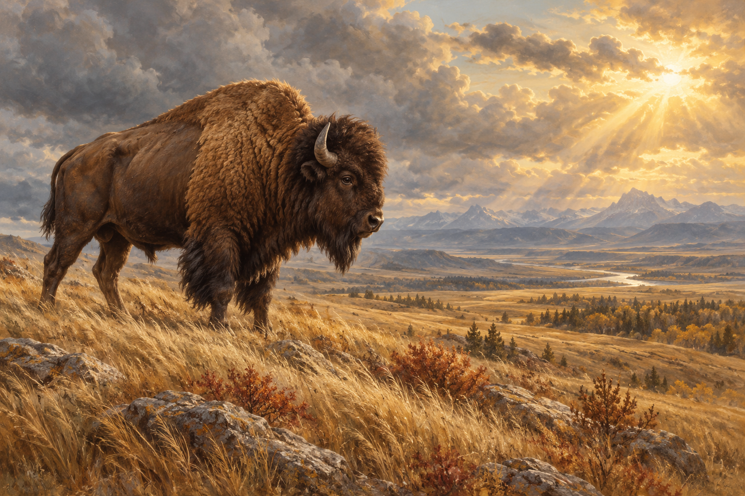 A bison on a windswept prairie