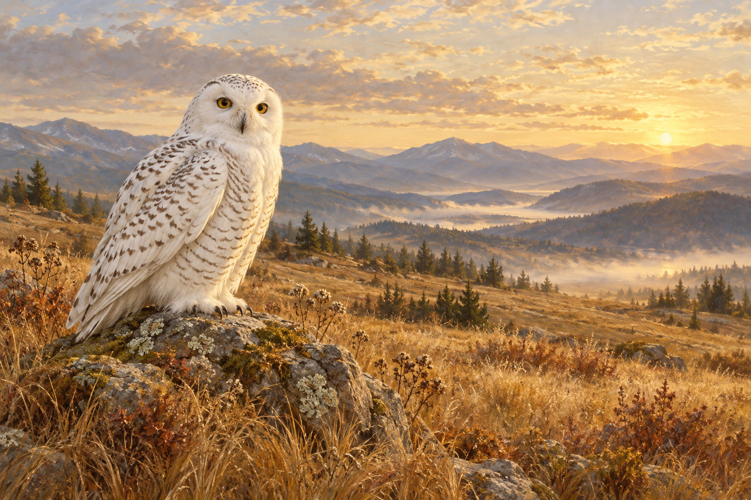 A snowy owl at dawn