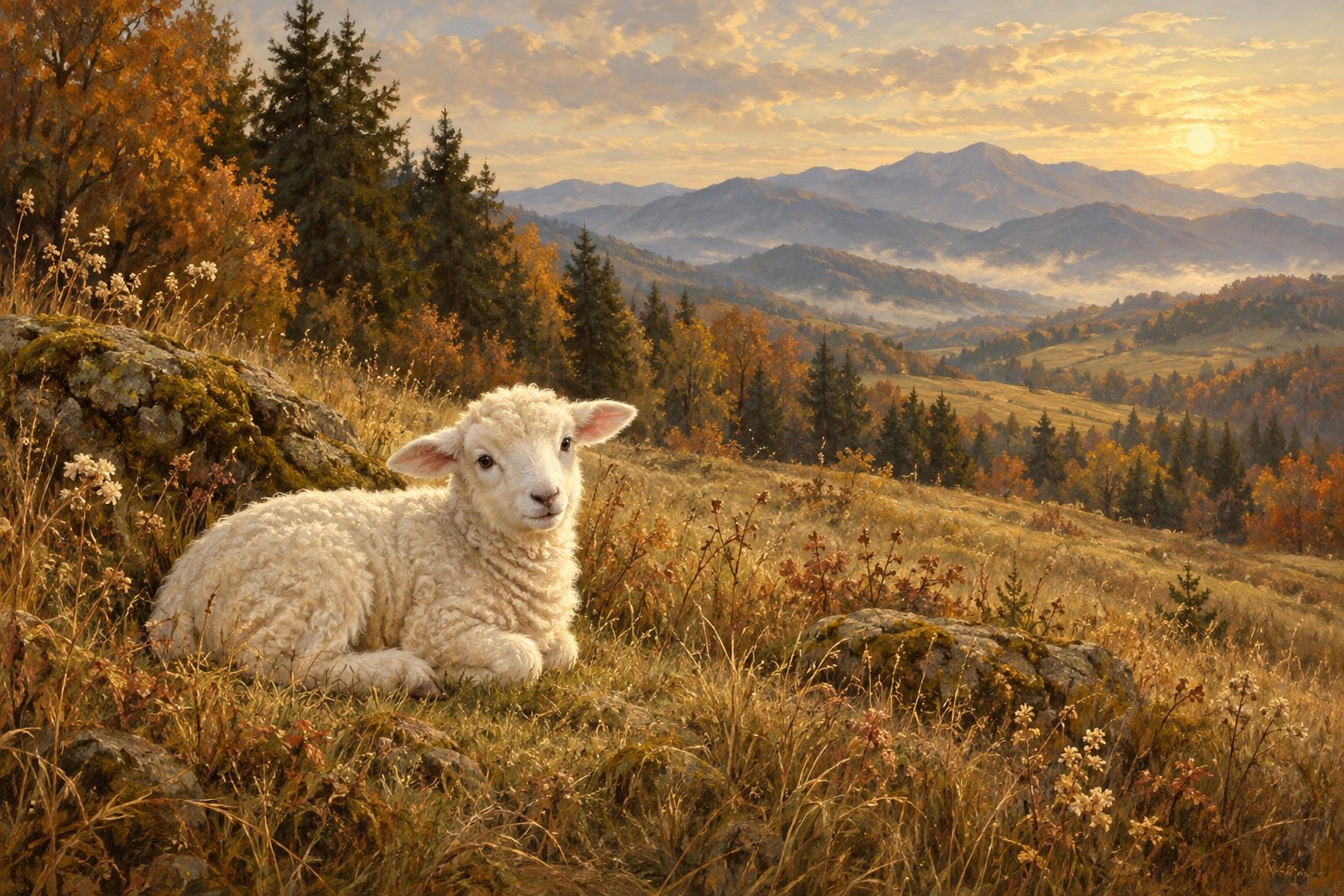 An ivory lamb in a golden meadow