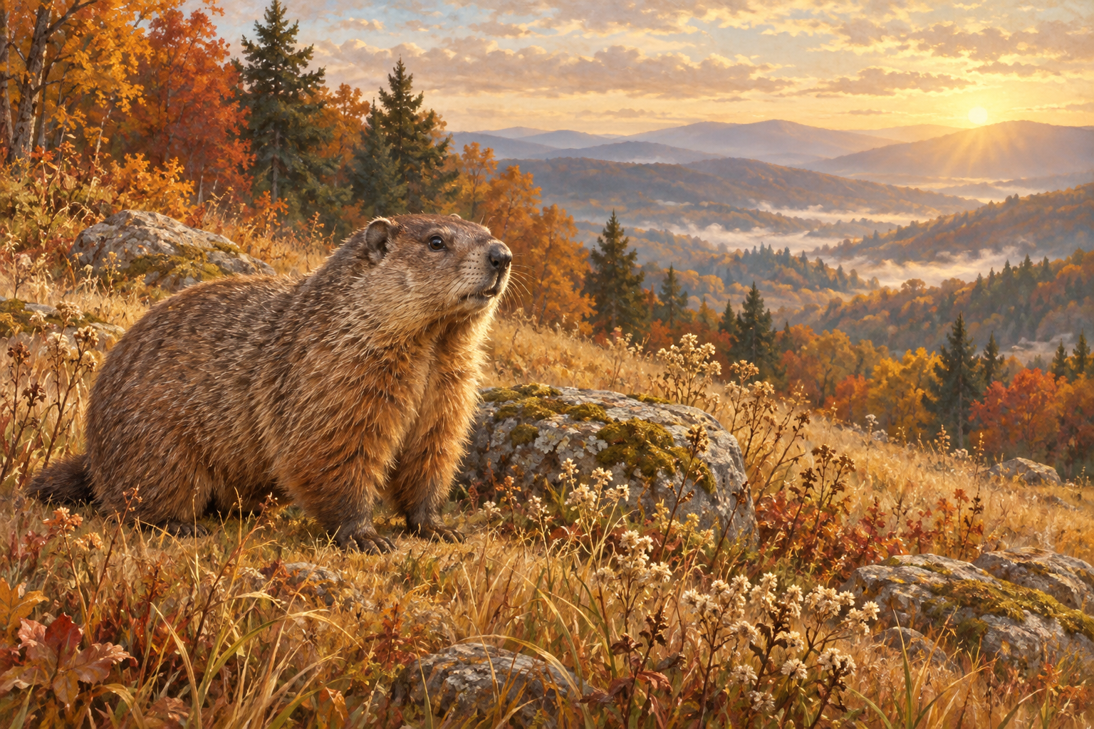 A groundhog in a golden meadow