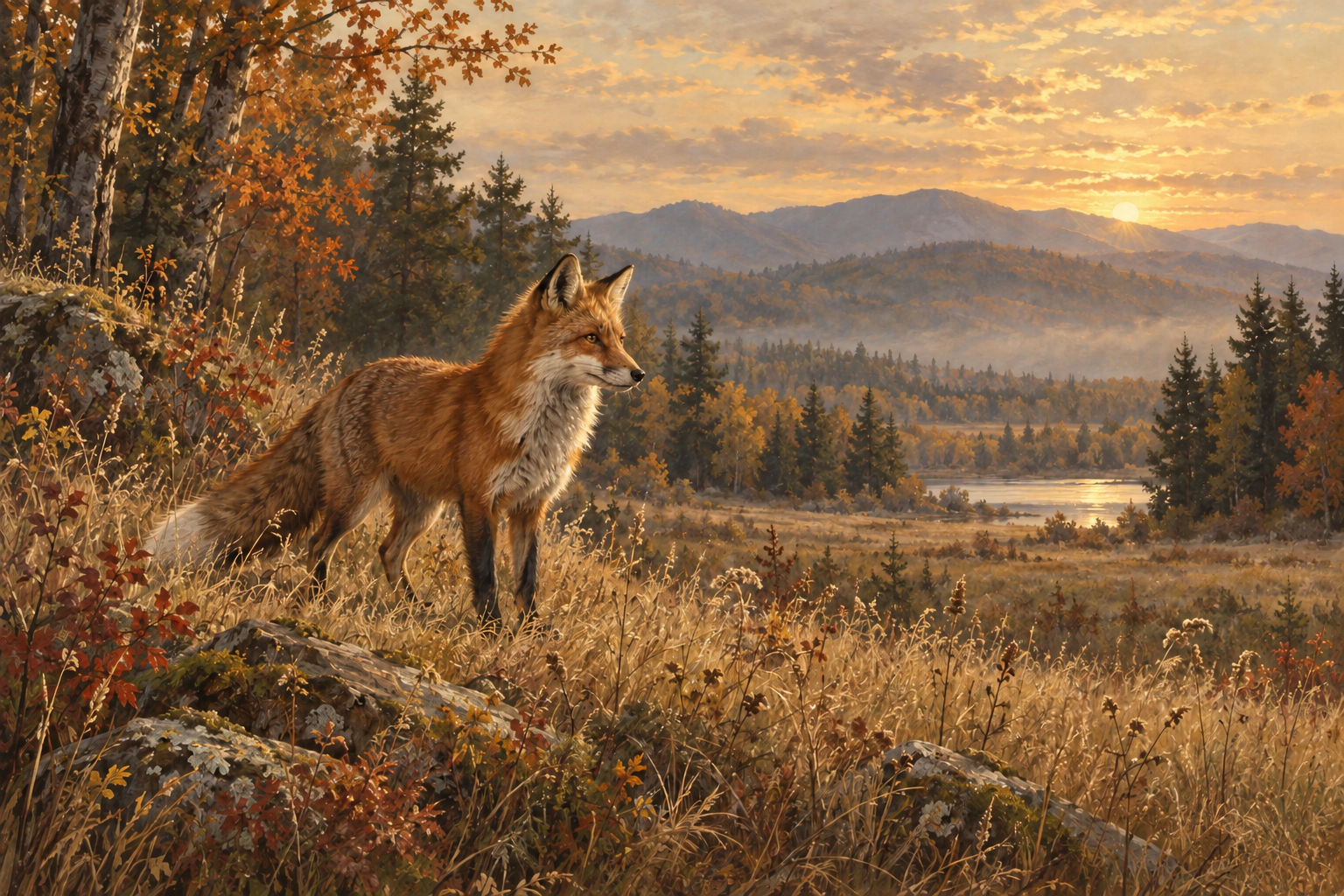A red fox in a sunlit landscape