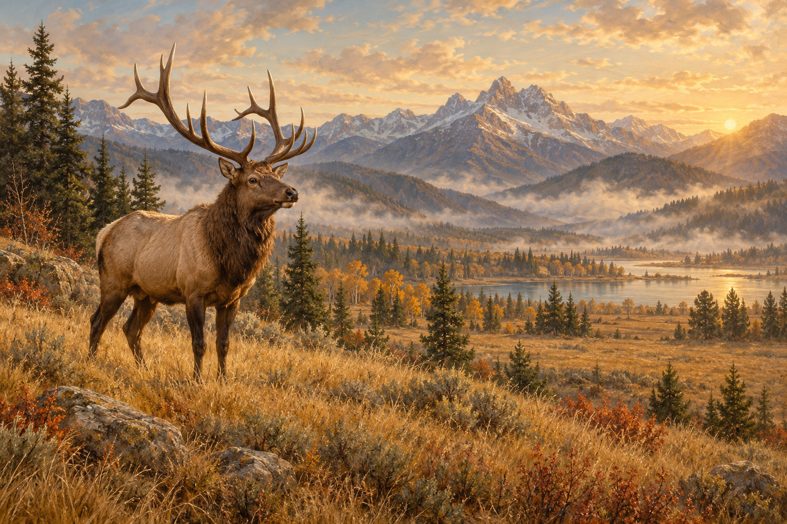An elk in a valley at first light